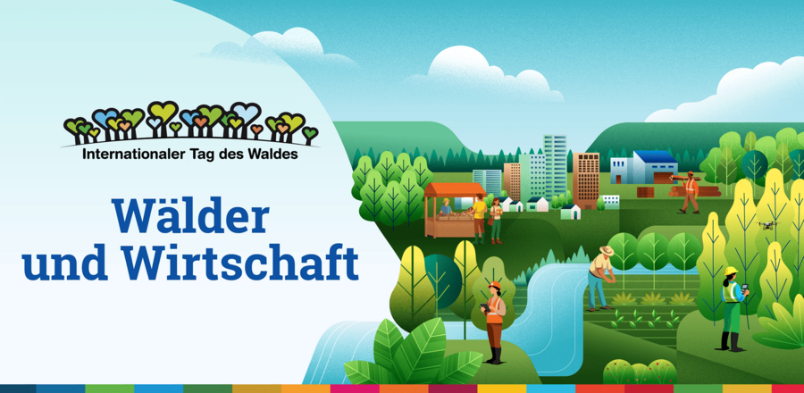 Das Bild zeigt links das Motto des Internationalen Tag des Waldes 2026 und rechts eine grafische Darstellung der Leistungen von Wäldern für die Wirtschaft.